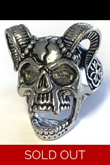 Skull W/Ram Horns Metal Biker Ring