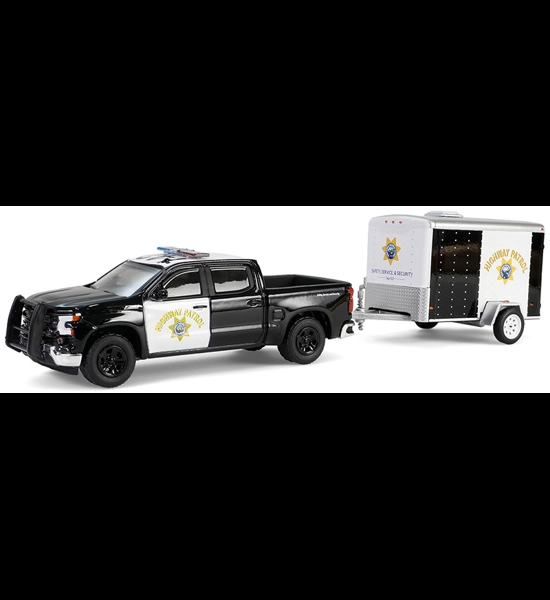 G.L. California HWY. Patrol 2023 Chevy Silverado W/Cargo Trailer 1/64 Diecast