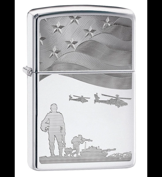 Soldiers And American Flag Polished Zippo Lighter