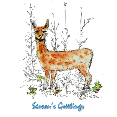 Deer with Seasons Greetings Pen & Wash Notelet Card Deer with Seasons Greetings Pen & Wash Notelet Card