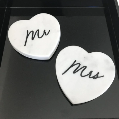 Set of 2 Mr Mrs Heart Shaped Marble Coasters