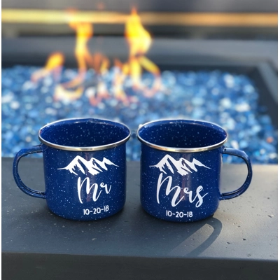 Set of 2 Mr Mrs Enamel Camping Mugs with Date