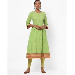 Textured A-line Kurta Green  L