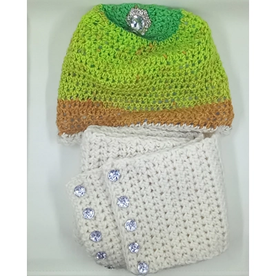 Ebuuks Green and Brown Flecked Variegated Hat and Eggshell Scarf Set with Daisy Fleece Lining
