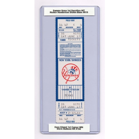 Sammy Sosa 1st SACRIFICE HIT 1989-06-17 New York Yankees vs Texas Rangers Full Season Ticket Rickey Henderson SB