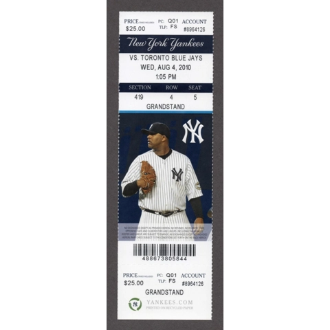 Alex Rodriguez HR-600 - 2010-08-04 New York Yankees vs Toronto Blue Jays Full Season Ticket - CC Sabathia