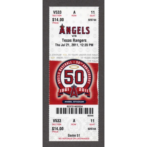 Mike Trout 1st ROE - 2011-07-21 Los Angeles Angels vs Texas Rangers Full Season Ticket - 50th ANNIVERSARY