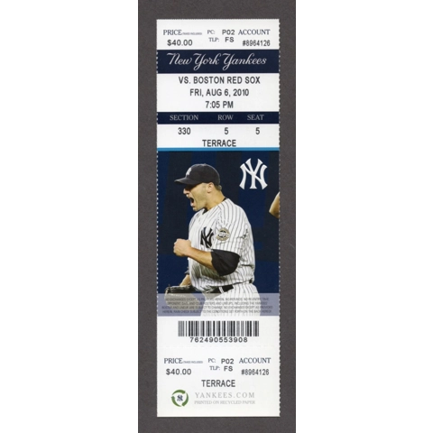 Derek Jeter HIT-2873 TIES Babe Ruth - 2010-08-06 New York Yankees vs Boston Red Sox Full Season Ticket - David Ortiz HR-341 - Andy Pettitte