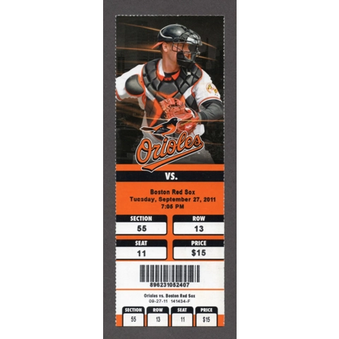 Vladimir Guerrero LAST RUN HIT 2B RBI - 2011-09-27 Baltimore Orioles vs Boston Red Sox Full Season Ticket - Matt Wieters HR 42