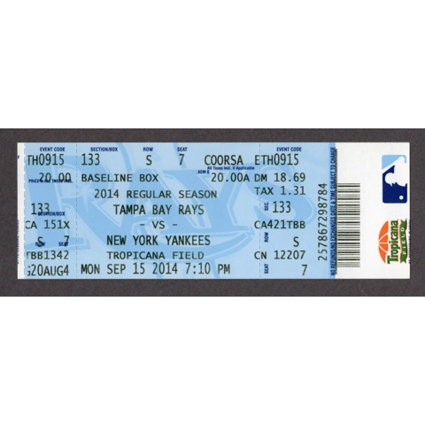 Ben Zobrist WALKOFF HIT 1005 - 2014-09-15 Tampa Bay Rays vs New York Yankees Full Box Office Ticket - Ichiro Suzuki PRO HIT 4111 - Combined SHUTOUT