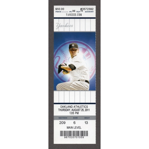 3 Grand Slams by One Team 2011-08-25 New York Yankees vs Oakland Athletics Full Season Ticket Phil Hughes