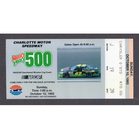 Jeff Gordon 1st POLE Position - Oct 10, 1993 Charlotte Motor Speedway Mello Yello 500 Full Ticket - Kyle Petty 42