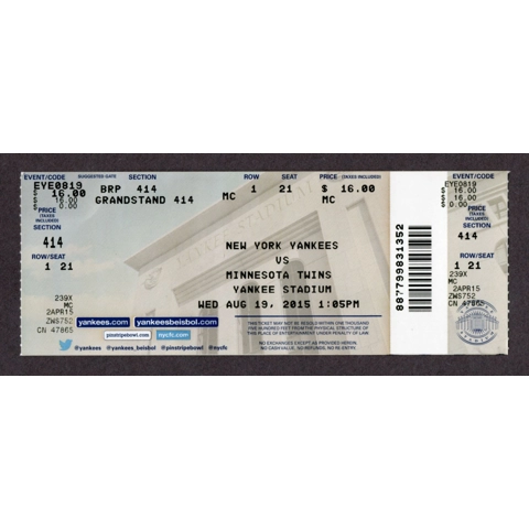 Greg Bird 1st HOME RUN 2-HR 1,2 - 2015-08-19 New York Yankees vs Minnesota Twins Full Box Office Ticket - Carlos Beltran HIT 2410