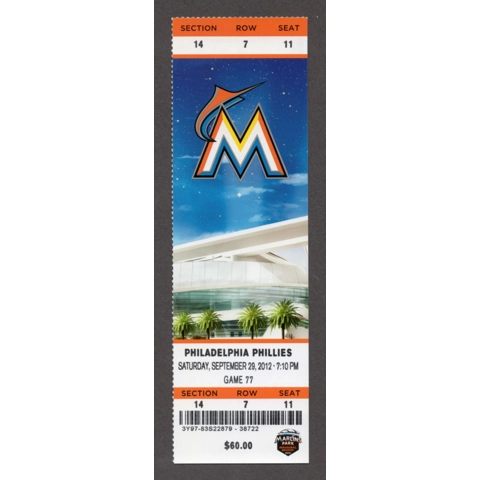 Roy Halladay WIN 199 & LAST HIT RUN - 2012-09-29 Miami Marlins vs Philadelphia Phillies Full Season Ticket - Giancarlo Stanton HR 92