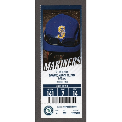 J.D. Martinez 1000th HIT HR 197 - 2019-03-31 Seattle Mariners vs Boston Red Sox Full Season Ticket - Chasen Bradford 1st Save - Mookie Betts HR 111