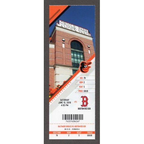 Chris Sale WIN 106 10-K's - 2019-06-15 Baltimore Orioles vs Boston Red Sox Full Season Ticket - J.D. Martinez HR 211