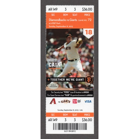 Ehire Adrianza MLB Debut - 2013-09-08 San Francisco Giants vs Arizona Diamondbacks Full Season Ticket - Matt Cain