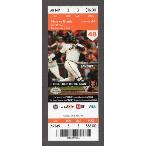 Kensuke Tanaka MLB Debut 2013-07-09 San Francisco Giants vs New York Mets Full Season Ticket - Marlon Byrd HR96 GRAND SLAM - Pablo Sandoval