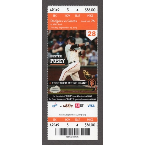 Buster Posey 500th HIT - 2013-09-24 San Francisco Giants vs Los Angeles Dodgers Full Season Ticket - Hyun-Jin Ryu WIN 14 GEM 6-K's ROOKIE