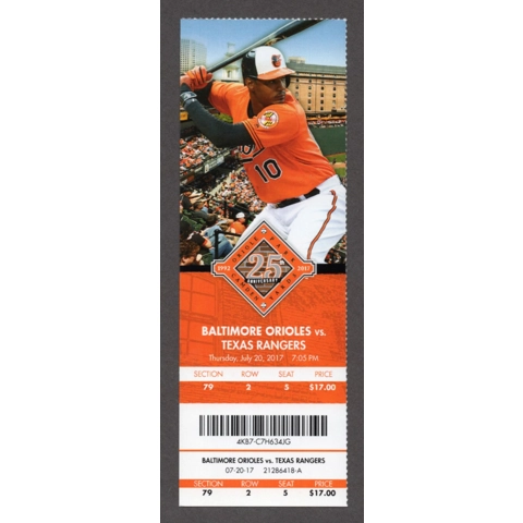 Adam Jones HR 242 PAPPO 2017-07-20 Baltimore Orioles vs Texas Rangers Full Season Ticket Mark Trumbo HR 194