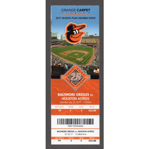 Adam Jones HR 243 PAPPO 2017-07-22 Baltimore Orioles vs Houston Astros Full Season Ticket 25th Anniversary