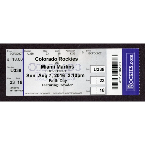Ichiro Suzuki 3000th HIT 2016-08-07 Colorado Rockies vs Miami Marlins Full Box Office Ticket - Giancarlo Stanton HR 205 - Nolan Arenado 2-HR 98, 99