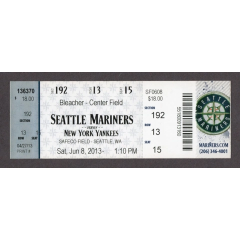 Mariano Rivera 630th SAVE 2013-06-08 Seattle Mariners vs New York Yankees Full Unused Ticket - Andy Pettitte 250th WIN GEM 6-K's