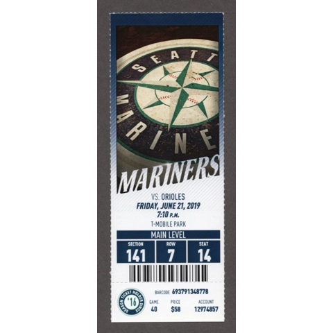 Mike Leake 100th WIN 2019-06-21 Seattle Mariners vs Baltimore Orioles Full Season TIcket - Kyle Seager HR 180