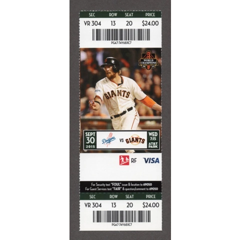 Mike Leake 1st SHUTOUT WIN64 2015-09-30 San Francisco Giants vs Los Angeles Dodgers Full Season Ticket - Nick Noonan HR 1 - Hunter Pence
