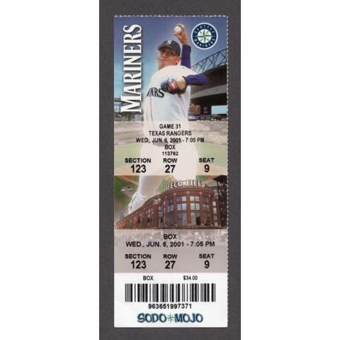 Edgar Martinez HR 243 GAR 1800th HIT 2001-06-06 Seattle Mariners vs Texas Rangers Full Unused Season Ticket Wilson Olerud Ichiro 2B WIN STREAK