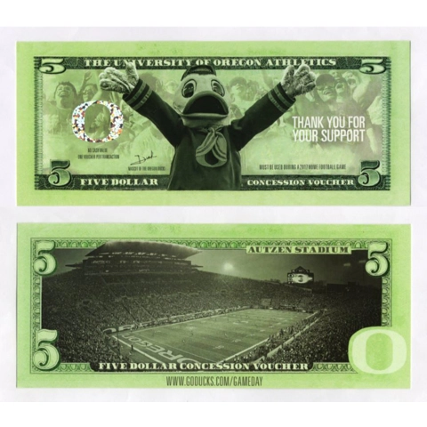 Oregon Ducks Football 5 Dollar Bill Consession Voucher Autzen Stadium 2017 Souvenir Collectible Novelty