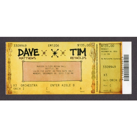 Dave Matthews Band DMB & Tim Reynolds MARION OLIVER MCCAW HALL SEATTLE, WA 2010-12-06 Full Unused Concert Ticket