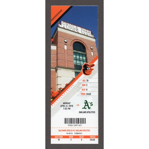 Chris Davis BREAKS RECORD 47 HITLESS STREAK 2019-04-08 Baltimore Orioles vs Oakland Athletics Full Season Ticket Cedrick Mullins 1st TRIPLE SF