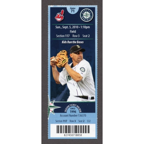 David Aardsma 66th SAVE 2010-09-05 Seattle Mariners vs Cleveland Indians Full Season Ticket Russell Branyan HR 187 Felix Hernandez WIN 59 GEM