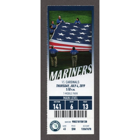 Daniel Ponce de Leon 1st WIN 2019-07-04 Seattle Mariners vs St. Louis Cardinals Full Season Ticket Dexter Fowler HR 113 Matt Wieters HR 140