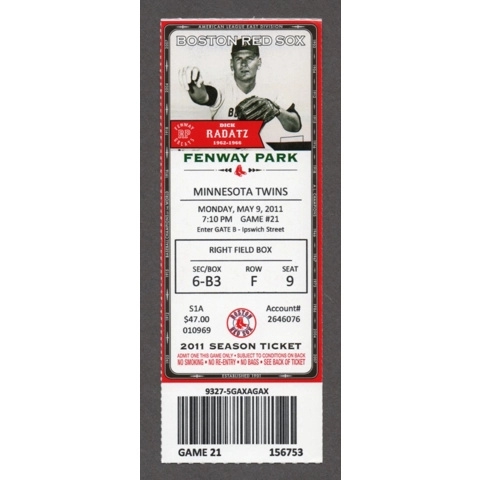 Jose Iglesias 1st RUN 2011-05-09 Boston Red Sox vs Minnesota Twins Full Season Ticket Carl Crawford WALKOFF DOUBLE Hideki Okajima LAST WIN Dick Radatz