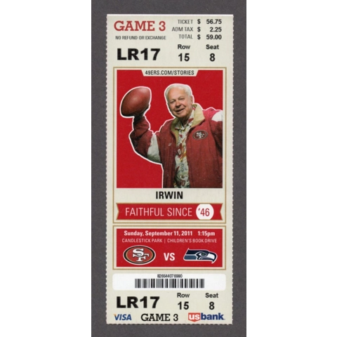 Richard Sherman NFL DEBUT 2011-09-11 San Francisco 49ers vs Seattle Seahawks Full Season Ticket OPTIMUS PRIME Golden Tate Doug Baldwin TD 1