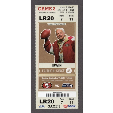 Richard Sherman NFL DEBUT GOLD 2011-09-11 San Francisco 49ers vs Seattle Seahawks Full Season Ticket OPTIMUS PRIME Golden Tate Doug Baldwin TD 1