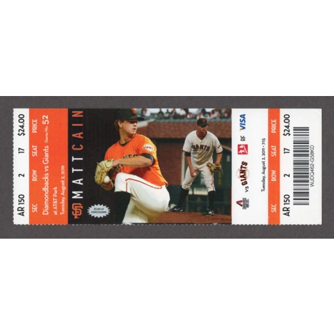 Paul Goldschmidt HR 1 San Francisco Giants vs Arizona Diamondbacks 2011-08-02 Full Season Ticket Matt Cain ORANGE