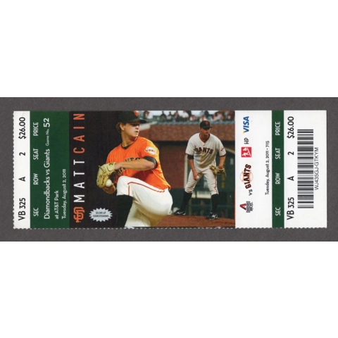 Paul Goldschmidt HR 1 San Francisco Giants vs Arizona Diamondbacks 2011-08-02 Full Season Ticket Matt Cain GREEN
