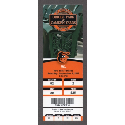 Alex Rodriguez HR 646 Baltimore Orioles vs New York Yankees 2012-09-08 Full Season Ticket Mark Reynolds J.J. Hardy Lew Ford LAST HR