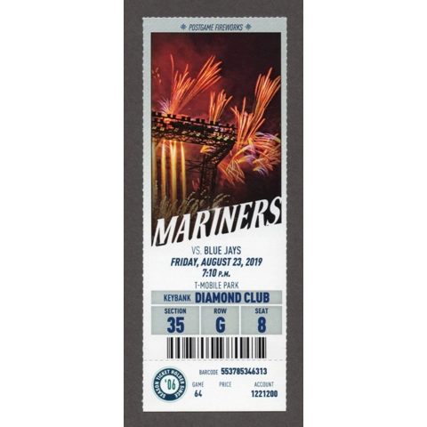 Jake Fraley 1st HIT 2019-08-23 Seattle Mariners vs Toronto Blue Jays DIAMOND CLUB Ticket Justus Sheffield 1st MLB START Omar Narvaez J.P. Crawford HR