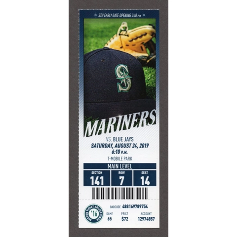 Bo Bichette HR 8 ROOKIE 2019-08-24 Seattle Mariners vs Toronto Blue Jays Full Season Ticket Teoscar Hernandez HR 54 Omar Narvaez HR 31