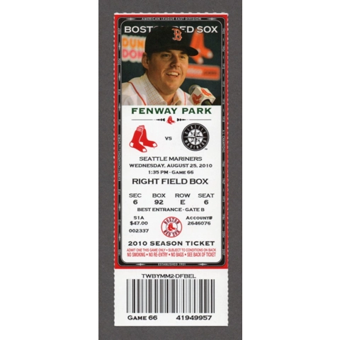 Josh Beckett WIN 110 7-K 2010-08-25 Boston Red Sox vs Seattle Mariners Full Season Ticket Casey Kotchman Russell Branyan HR John Lackey