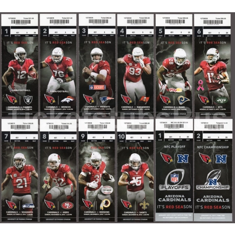 2016 NFL ARIZONA CARDINALS Season Ticket Stubs - Full Unused MINT!!! 2016 NFL ARIZONA CARDINALS Season Ticket Stubs - Full Unused MINT!!!
