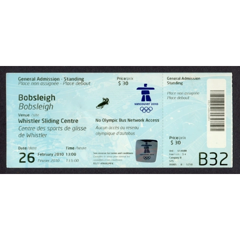 2010 Vancouver Olympics Men's Bobsleigh Ticket USA TRACK RECORD 50.86 GOLD 2/26