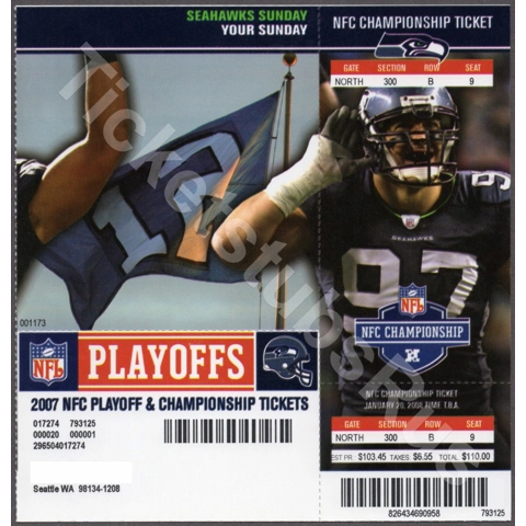 2007 NFC CHAMPIONSHIP Seattle SEAHAWKS 1/20/2008 Playoffs Ticket Sheet 12th MAN