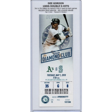 Dee Strange Gordon 100th DOUBLE 5-HITS 2018 Mariners Athletics 5/1 CLUB Ticket