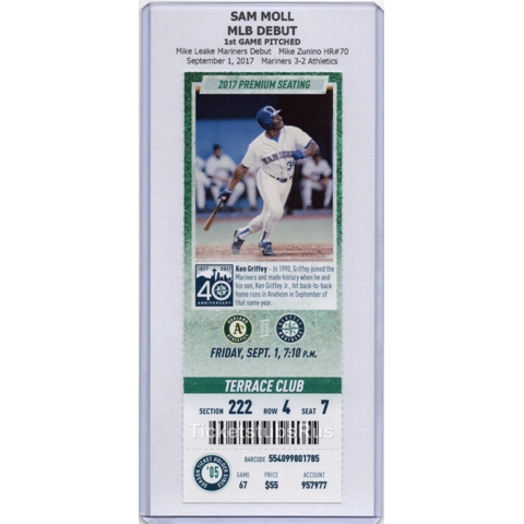 Sam Moll MLB DEBUT 2017 Seattle Mariners Athletics 9/1 CLUB Ticket KEN GRIFFEY