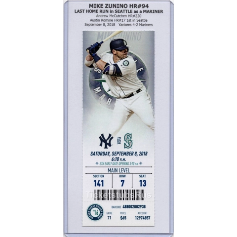 Mike Zunino HR #94 LAST in SEATTLE for M's 2018 Mariners Yankees 9/8 Full Ticket